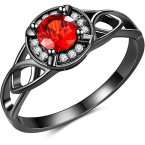 URONE 925 Sterling Silver Celtic Knot Ring Black Gold Plated Eternity Ring for Women Wedding Engagement Band with Red CZ Jewelry Gifts for Women