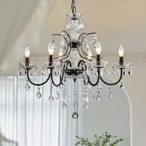 Bestier Wrought Black Iron Rustic Vintage Pendant Candle Chandelier Crystal Lighting Fixture Lamp for Dining Room Bathroom Foyer Livingroom 5 E12 Bulbs Required D22 in x H20 in