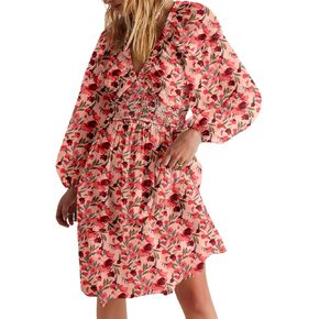 Dokotoo Womens Dresses 2025 Boho Floral V Neck Long Sleeve Smocked Elastic Waist Casual A-Line Swing Mini Dress Sundress