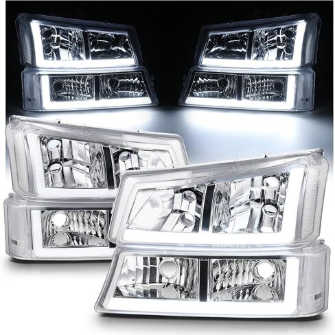 مجموعة المصابيح الأمامية M-AUTO L+R مع شريط ضوء النهار LED DRL متوافق مع 03-04 Chevy Silverado 2500، 03-06 Silverado 1500 1500HD 2500HD 3500/Avalanche 1500 2500 in Saudi Arabia