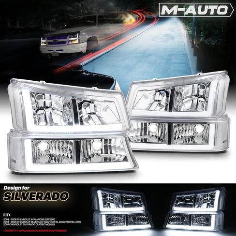 مجموعة المصابيح الأمامية M-AUTO L+R مع شريط ضوء النهار LED DRL متوافق مع 03-04 Chevy Silverado 2500، 03-06 Silverado 1500 1500HD 2500HD 3500/Avalanche 1500 2500 in Saudi Arabia