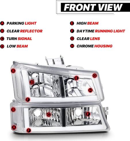 مجموعة المصابيح الأمامية M-AUTO L+R مع شريط ضوء النهار LED DRL متوافق مع 03-04 Chevy Silverado 2500، 03-06 Silverado 1500 1500HD 2500HD 3500/Avalanche 1500 2500 in Saudi Arabia