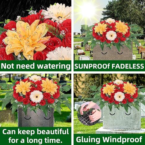 Lodou Artificial Cemetery Flower Saddles,Headstone Flower Saddle,Silks Artificial Cemetery Flowers for Outdoor Cemetery Headstones Memorial Decorations (red) in Saudi Arabia
