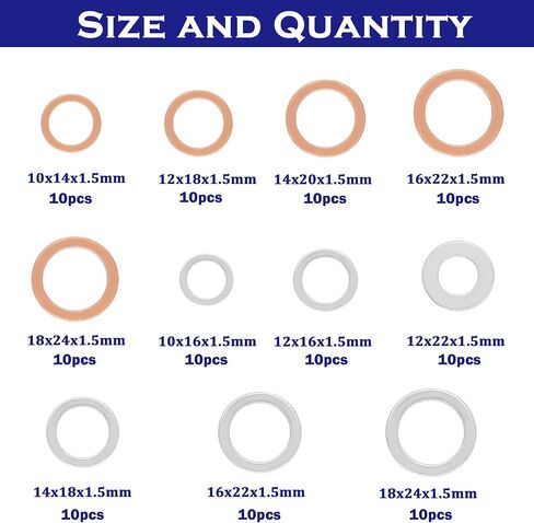 150PCS Crush Washer Engine Oil Drain Plug Gasket Assortment,9 Type Oil Crush Washer Seals Kit M11 M12 M14 M16 M18 M20 in Saudi Arabia
