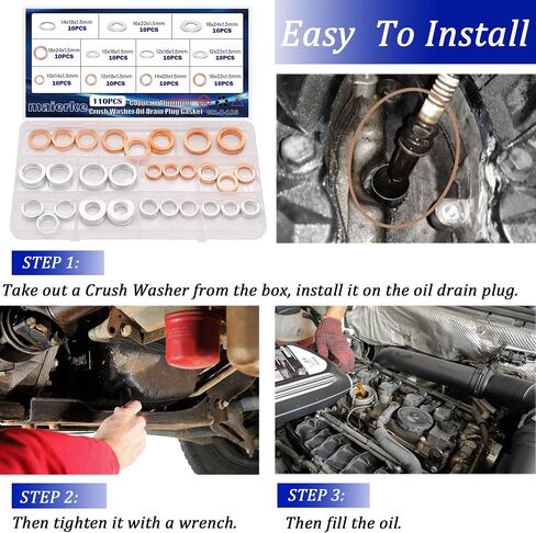150PCS Crush Washer Engine Oil Drain Plug Gasket Assortment,9 Type Oil Crush Washer Seals Kit M11 M12 M14 M16 M18 M20 in Saudi Arabia