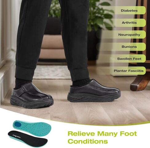 شباشب شتوية واسعة للرجال من OrthoComfoot لمرضى السكري: أحذية جلدية مريحة لدعم قوس القدم لالتهاب اللفافة الأخمصية، أحذية مشي كاجوال لأصابع القدم المطرقة لتقويم العظام لألم القدم والكعب in Kuwait