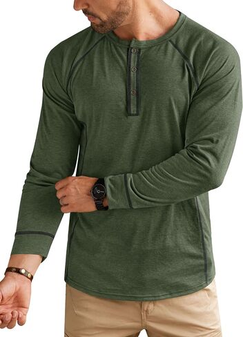 Mens Henley Shirts Long Sleeve Casual Classic Button Raglan T-Shirt (S-XXL) in Saudi Arabia