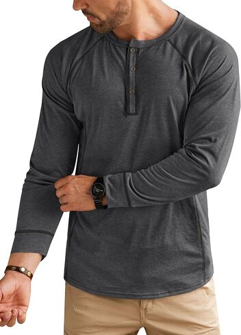 قمصان رجالي هينلي كم طويل كاجوال كلاسيكي بأزرار راجلان تي شيرت (S-XXL) in Kuwait