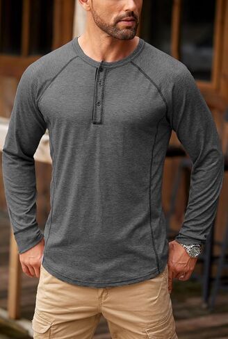 قمصان رجالي هينلي كم طويل كاجوال كلاسيكي بأزرار راجلان تي شيرت (S-XXL) in Kuwait