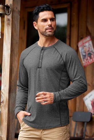 قمصان رجالي هينلي كم طويل كاجوال كلاسيكي بأزرار راجلان تي شيرت (S-XXL) in Kuwait