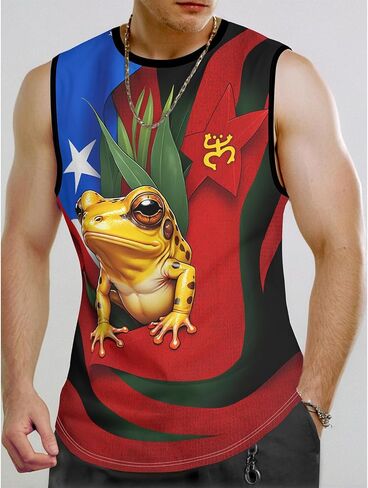 Men's Puerto Rican Flag Tank Top Casual 3D Frog Graphic Print Shirt Quick Dry Sleeveless Sports Vest in Saudi Arabia