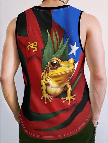 Men's Puerto Rican Flag Tank Top Casual 3D Frog Graphic Print Shirt Quick Dry Sleeveless Sports Vest in Saudi Arabia