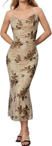 فستان طويل طويل من Milumia نسائي مزين بالزهور ومكشكش شبكي ورقبة على شكل بقرة in Kuwait