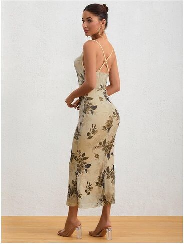 فستان طويل طويل من Milumia نسائي مزين بالزهور ومكشكش شبكي ورقبة على شكل بقرة in Kuwait