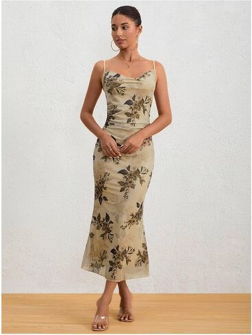 فستان طويل طويل من Milumia نسائي مزين بالزهور ومكشكش شبكي ورقبة على شكل بقرة in Kuwait