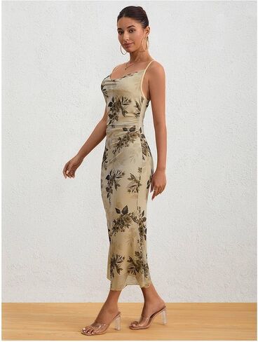 فستان طويل طويل من Milumia نسائي مزين بالزهور ومكشكش شبكي ورقبة على شكل بقرة in Kuwait