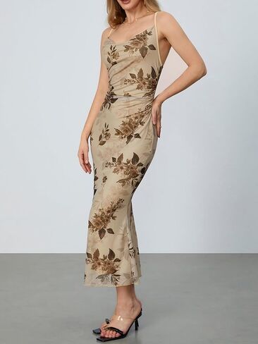 فستان طويل طويل من Milumia نسائي مزين بالزهور ومكشكش شبكي ورقبة على شكل بقرة in Kuwait