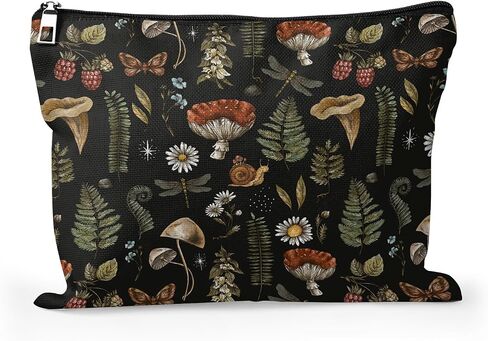 Cafl Vintage Woodland Makeup Bag Travel Large Mushroom Fern Cosmetic Bag Organizer toiletry Essentials Jewelry Skincare Zipper Bag For Women -10×8 inch in Kuwait
