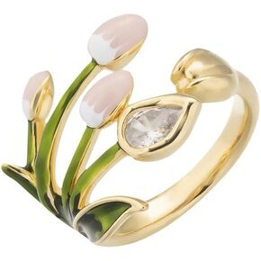 Kokoma Elegant Tulip Flower Open Statement Ring for Women CZ Crystal Floral Wrap Finger Band Leaf Anniversary Wedding Rings Eternity Ring
