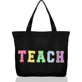 Dripykiaa Teacher Appreciation Gifts Teacher Gifts Tote Bag Canvas Chenille Letter Patches with Zipper Pocket