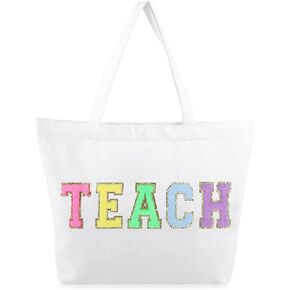 Dripykiaa Teacher Appreciation Gifts Teacher Gifts Tote Bag Canvas Chenille Letter Patches with Zipper Pocket in Saudi Arabia