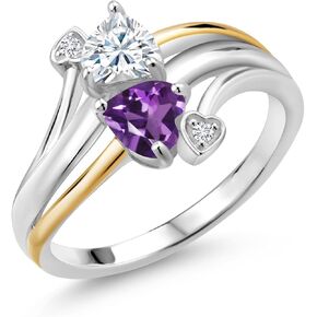 Gem Stone King 925 Sterling Silver and 10K Yellow Gold Purple Amethyst Lab Grown Diamond and White Moissanite 2 Heart Promise Engagement Mother Ring (0.86 Cttw, Available In Size 5, 6, 7, 8, 9)