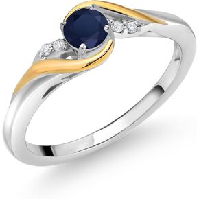 Gem Stone King 925 Sterling Silver and 10K Yellow Gold Round Blue Sapphire and White Lab Grown Diamond Engagement Ring For Women (0.38 Cttw, Gemstone Birthstone, Available In Size 5, 6, 7, 8, 9)