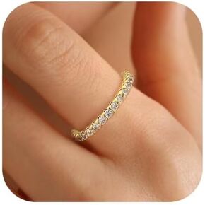Eternity Gold Ring Wedding Band: Cubic Zirconia Stackable Ring for Women with White or Yellow 14k Gold Plated Thin Simple Anniversary Stacking CZ Eternity Non-tarnish Dainty Stack Rings, Size 4-10