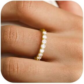 Wedding Band Moissanite Gold Rings: Sterling Silver Eternity Ring with White or Yellow Gold Plated - Lab Diamond Anniversary Bands for Women Silver Half Eternity Stackable Ring, SIZE 6