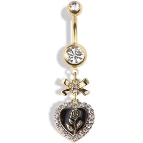 Pierced Owl 14GA 316L Stainless Steel CZ Crystal Ribbon and Lace Heart with Rose Dangling Belly Button Ring