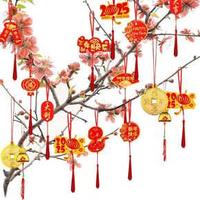 36 Pcs Happy Chinese New Year Hanging Decorations Chinese Hanging Ornaments 2025 Chinese Lunar Pendant with Red Hanging Strings Spring Festival Pendants for Home Office Car Tree Party Decor