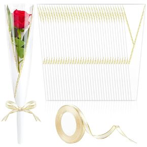 Mauproy 100Pcs Single Rose Sleeves with White Edges, Single Flower Bags with Ribbons Plastic Flower Wrap for Wedding, Birthday, Christmas, Florist Supplies