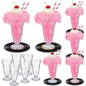 Dingion 50's Soda Shop Party Decor 50's Theme Party Decorations Includes Soda Glass Straws Artificial Carnation Flowers Cherries Records and Crepe Paper for 50's Party Decorations (9 Sets)