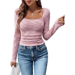 SOLY HUX Women's Tie Dye T Shirt Square Neck Long Sleeve Ruched Slim Fit Tee Tops