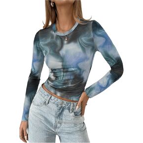 Milumia Women's Tie Dye Mesh Tops Long Sleeve Crew Neck Fitted T Shirt