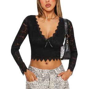 Navneet Women V Neck Lace Tops Sheer Long Sleeve Going Out Tops Sexy Double Lined Cute Coquette Crop Top Club Y2k Shirts