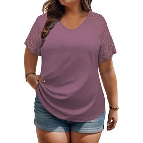 VISLILY Plus-Size-Womens-Summer-Tops Casual V-Neck T Shirts Raglan Lace Dotted Short Sleeve Tunics Cute Trendy Blouses XL-5XL