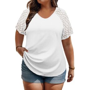 VISLILY Plus-Size-Womens-Summer-Tops Casual V-Neck T Shirts Raglan Lace Dotted Short Sleeve Tunics Cute Trendy Blouses XL-5XL