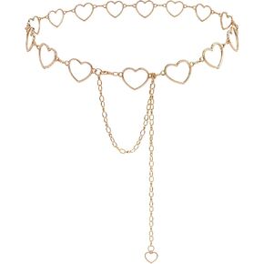 Heart Waist Chain Belt, Gold Women Metal Link Body Chain Belt Adjustable Dangling Jewelry Belt for Women Jeans Dress
