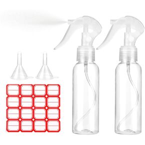 KALIONE 2 Pcs Small Spray Bottles 3.5oz/100ml Mist Continuous Spray Bottle for Essential Oils Water Squirt Reusable Liquid Container Mini Mister Spray Bottles with 2 Pcs Funnels and 16 Pcs Labels