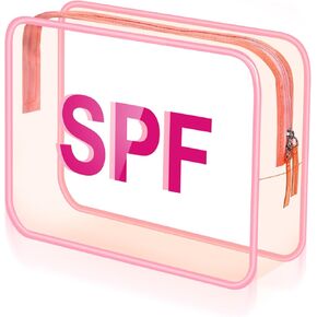 Clear Makeup Bag 9.4"x7"x3.5" Pink Travel Toiletry Bag Large Cosmetic Pouch PVC Waterproof Make Up Bag Transparent Zippered Organizer for Women Girl Summer Beach(Spf)