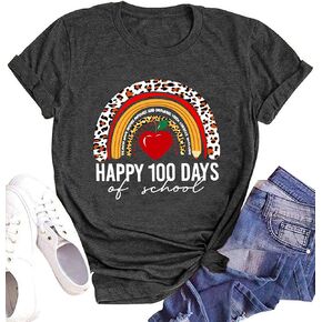 hohololo 100 Days of School Shirt Women Happy 100th Days Tshirt Teacher Rainbow Graphic Tee Kindergarten Teach Tops