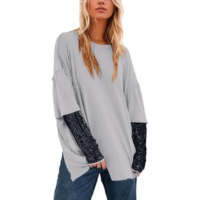 MISSACTIVER Oversized Sequin Patchwork Long Sleeve Shirts Top for Women Sparkly Crew Neck Loose Y2k T-Shirt Tops