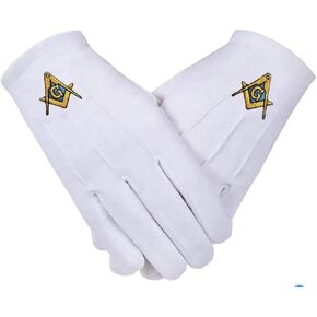 Masonic Square & Compass Embroidered Cotton Gloves - White One Size Pair