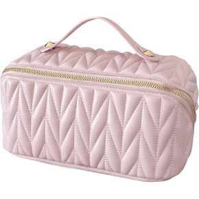 Makeup Bag, Leather Waterproof Portable Travel Toiletry Bag, Open Flat Compartment Cosmetic Bag for Toiletries Accessories Brushes, Make Up Bag Pink