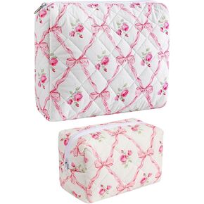 2 Pcs Cotton Quilted Makeup Bag Set, Floral Cosmetic Bag Makeup Bag for Women Girls, Travel Floral Cosmetic Bag Zipper Make Up Pouch, Flowers Toiletry Organizer Bag (2 Pcs Blue Floral)