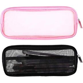 8.3 X 4 Inch 2 PCS Mesh Makeup Brush Bag Clear Travel Makeup Brush Holder Portable Mesh Travel Toiletry Bag with Zipper, Transparent Makeup Brush Storage Bag Cosmetics Brushes Organizer (Black,Pink)