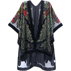 WeHello Women's Burnout Velvet Kimono Long Cardigan Cover Up Without Tassel (Peacock/Black)