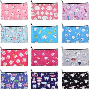 12 Pieces Teeth Makeup Bag Cute Cosmetic Bag for Nurse Women Dental Dentist Gift Colorful Toiletry Bag Multifunctional Polyester Bag with Zipper Teeth Printed Accessories (7.09 x 4.33 Inch)