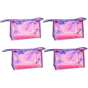 4 Pcs Holographic Makeup Bags Bulk, Small Iridescent Pouch Travel Portable Toiletry Cosmetic Bag with Zipper, Brush Holder Makeup Organizer Bag case (Pink)